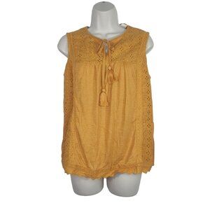 Knox Rose Eyelet Ribbed Tank Top Tassel Women Size L 12 14 Gold Sleeveless NEW